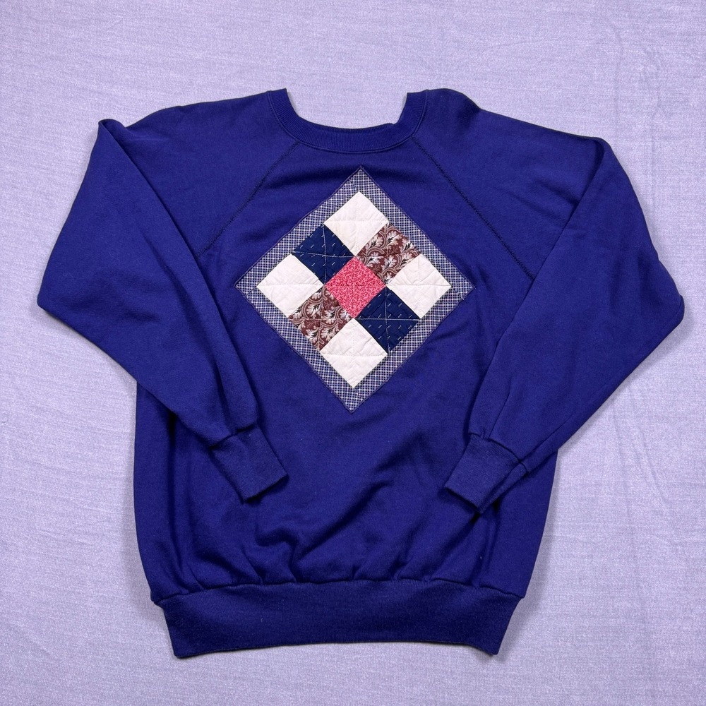 VTG Action Womens Blue Quilted‎ Diamond Patchwork Sweatshirt Size L Made in USA